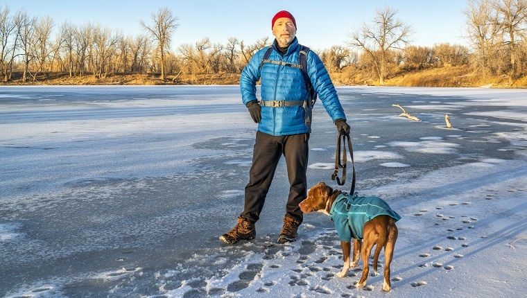 senior male hiker with a pitbull dog enjoys sunset on a shore of a frozen lake