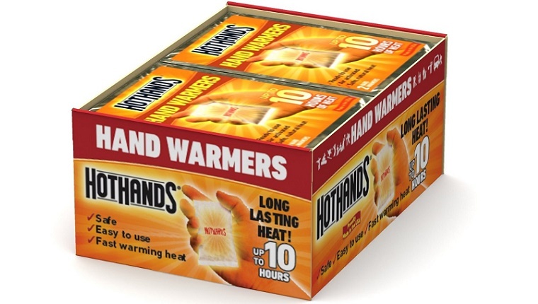 A box of HotHands hand warmers is displayed against a white background.